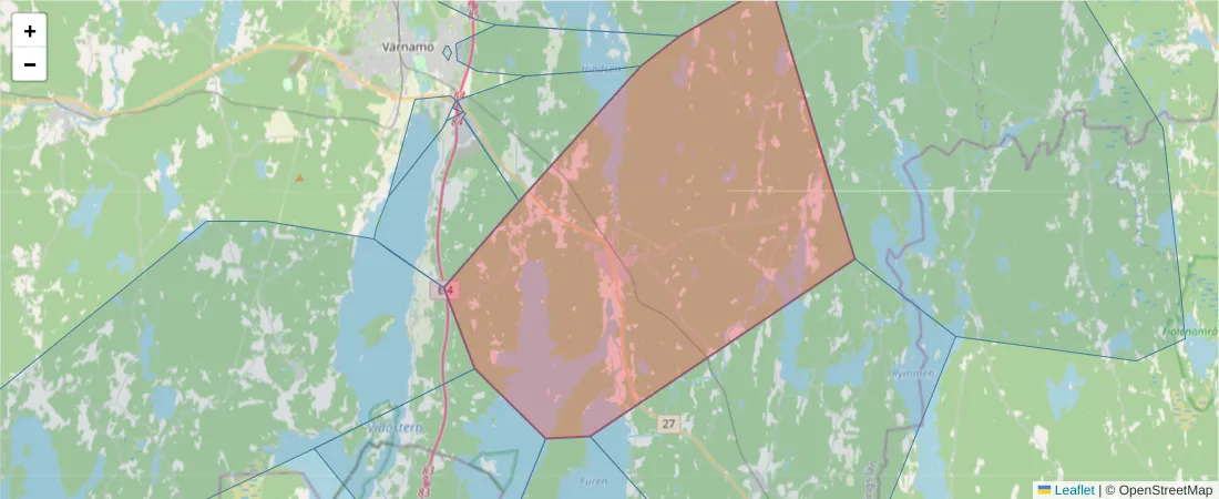 Karta över postnummerområdet  och angränsande postnummer i Sverige