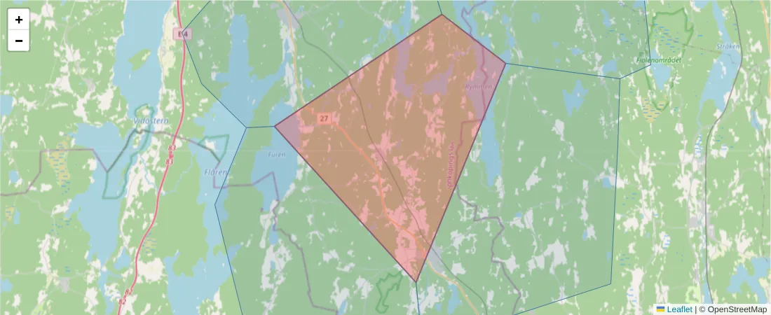 Karta över postnummerområdet  och angränsande postnummer i Sverige