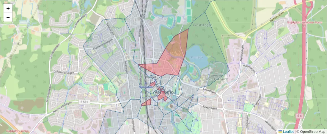 Karta över postnummerområdet  och angränsande postnummer i Sverige