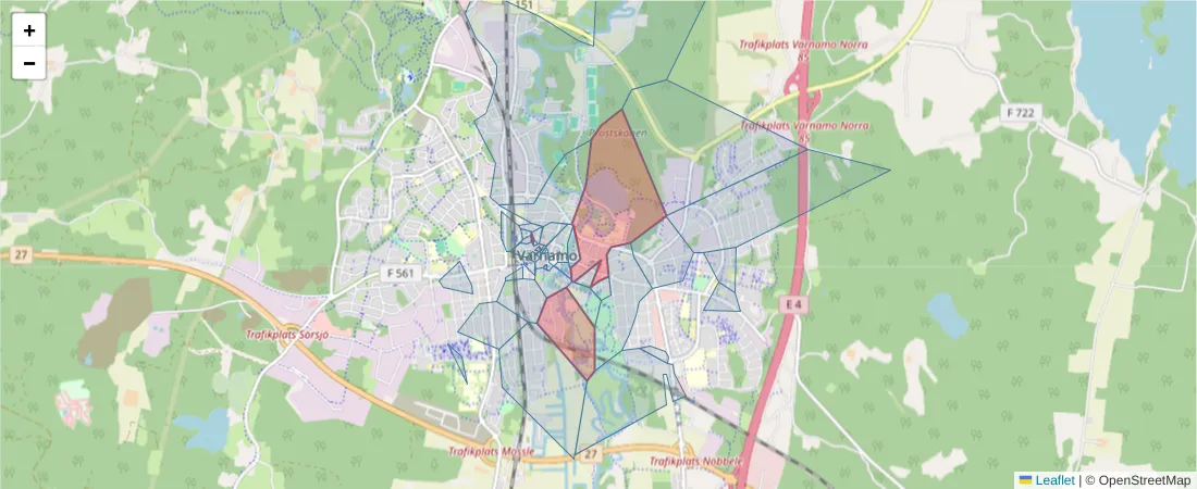 Karta över postnummerområdet  och angränsande postnummer i Sverige