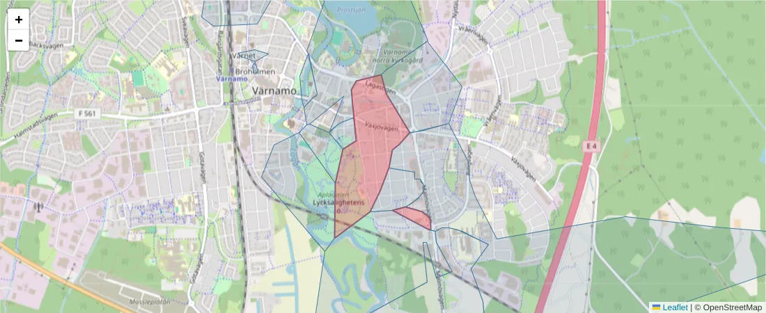 Karta över postnummerområdet  och angränsande postnummer i Sverige