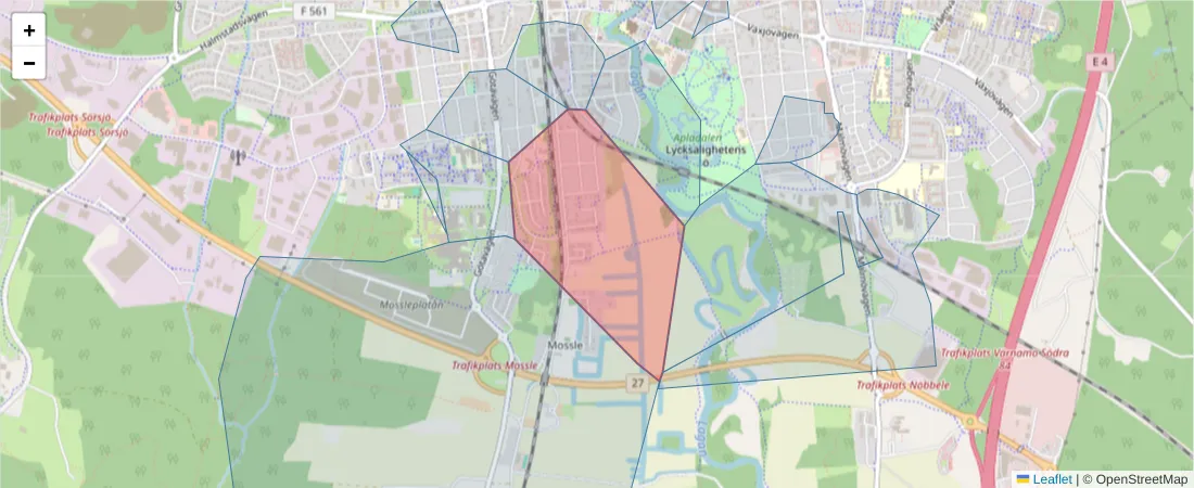 Karta över postnummerområdet  och angränsande postnummer i Sverige