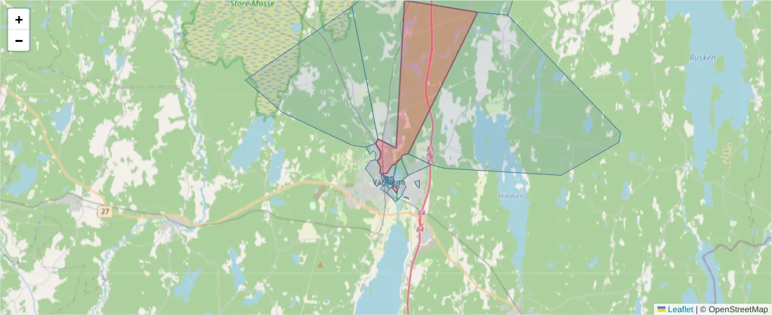 Karta över postnummerområdet  och angränsande postnummer i Sverige