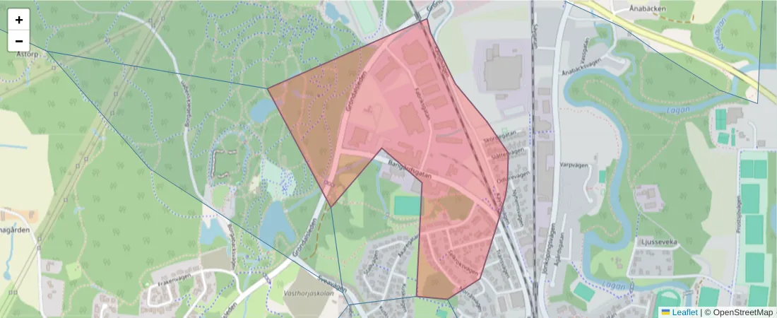 Karta över postnummerområdet  och angränsande postnummer i Sverige