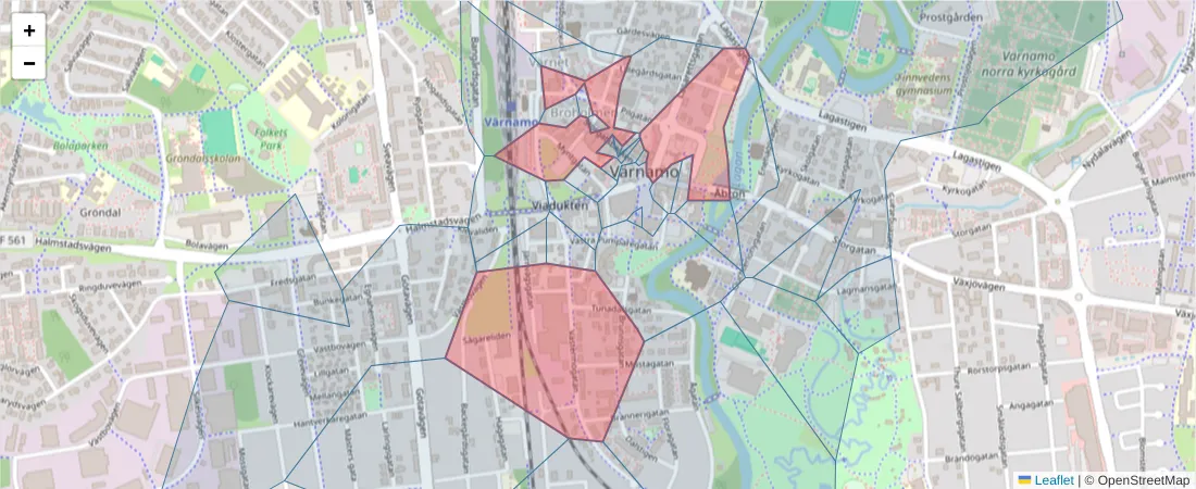 Karta över postnummerområdet  och angränsande postnummer i Sverige