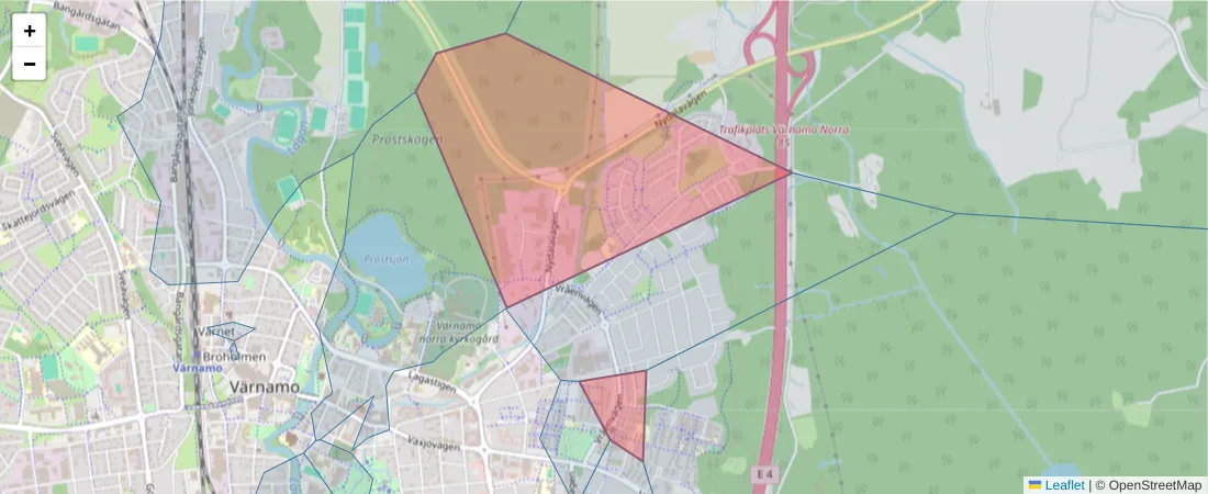 Karta över postnummerområdet  och angränsande postnummer i Sverige
