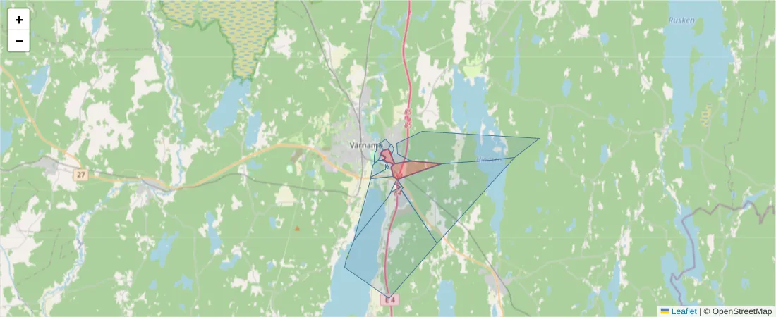Karta över postnummerområdet  och angränsande postnummer i Sverige