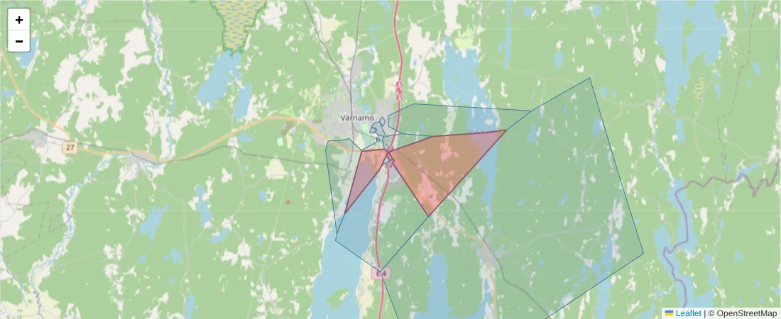 Karta över postnummerområdet  och angränsande postnummer i Sverige