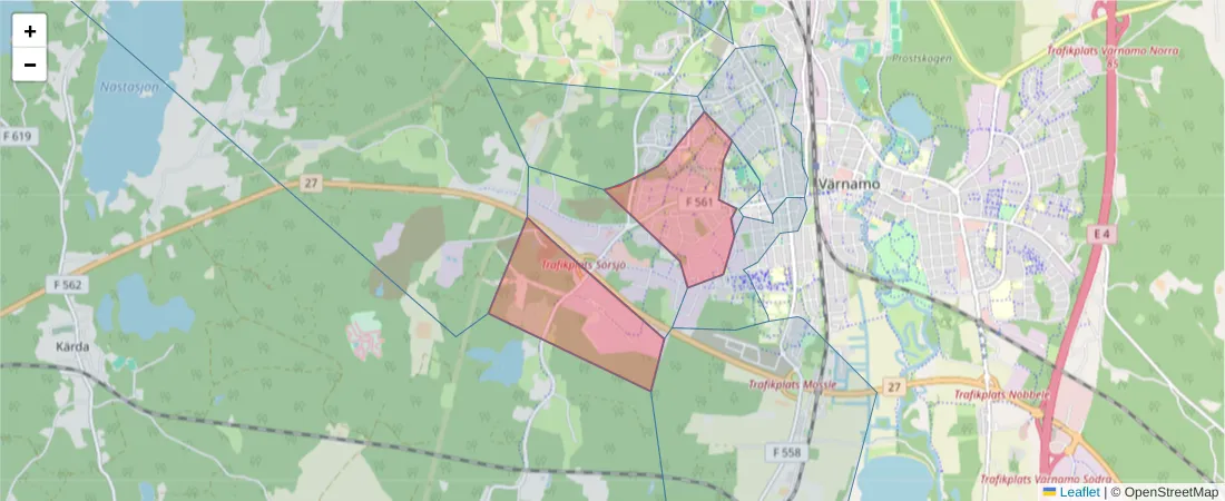 Karta över postnummerområdet  och angränsande postnummer i Sverige