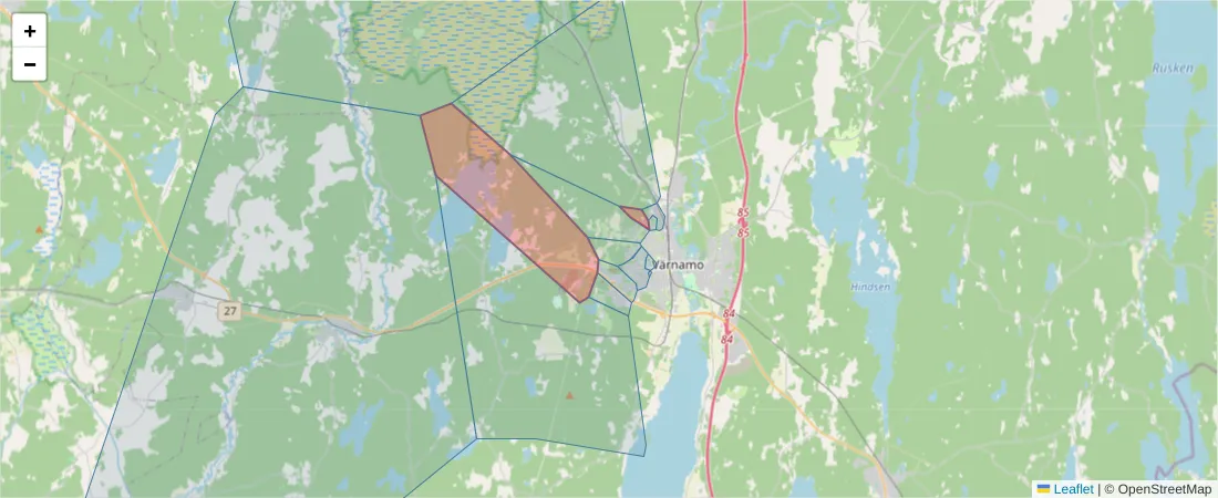 Karta över postnummerområdet  och angränsande postnummer i Sverige