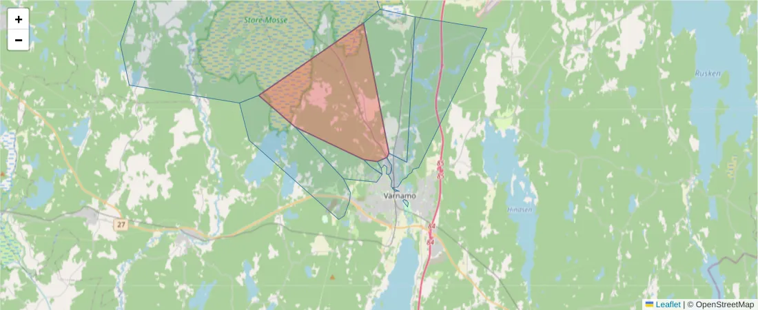 Karta över postnummerområdet  och angränsande postnummer i Sverige