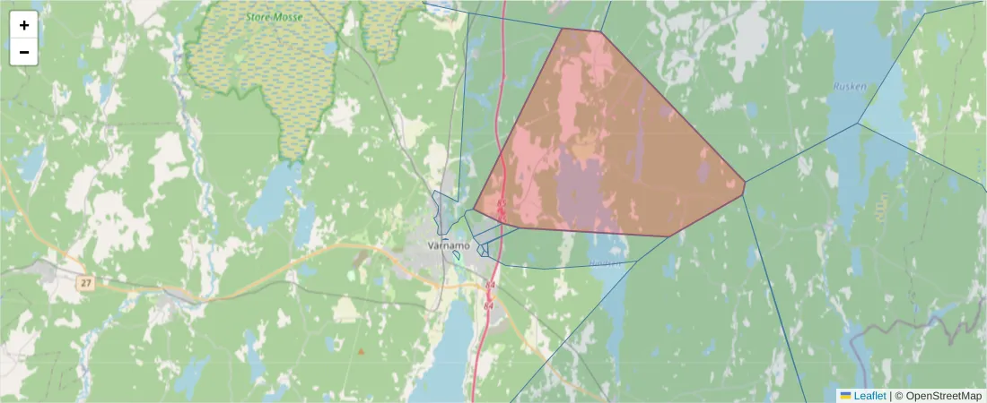 Karta över postnummerområdet  och angränsande postnummer i Sverige