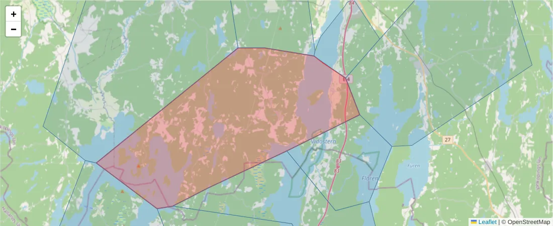 Karta över postnummerområdet  och angränsande postnummer i Sverige