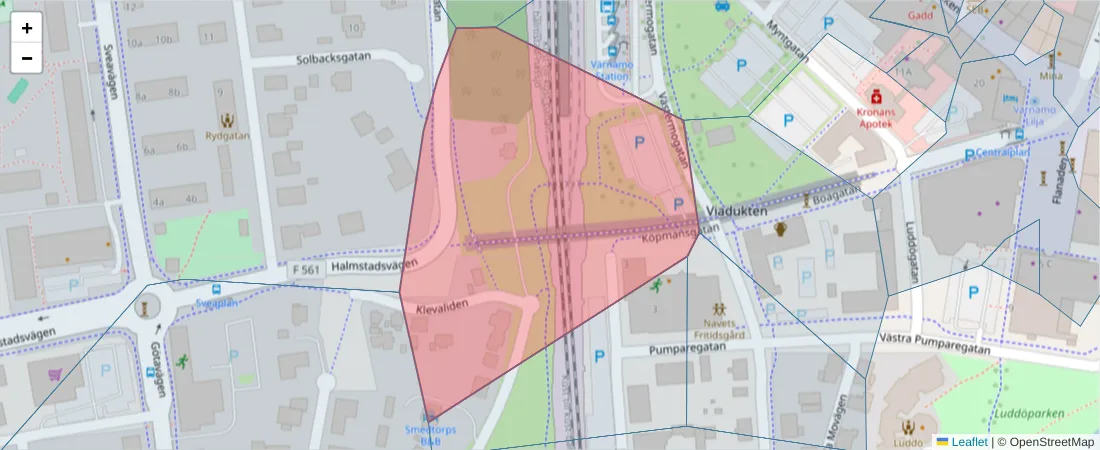Karta över postnummerområdet  och angränsande postnummer i Sverige