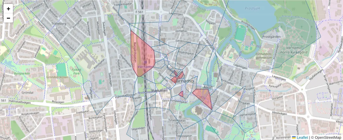 Karta över postnummerområdet  och angränsande postnummer i Sverige