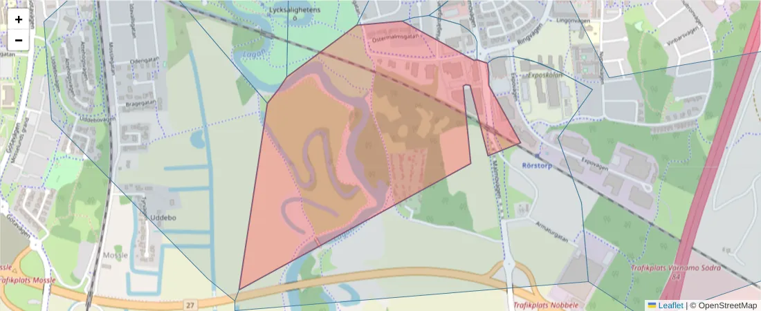 Karta över postnummerområdet  och angränsande postnummer i Sverige