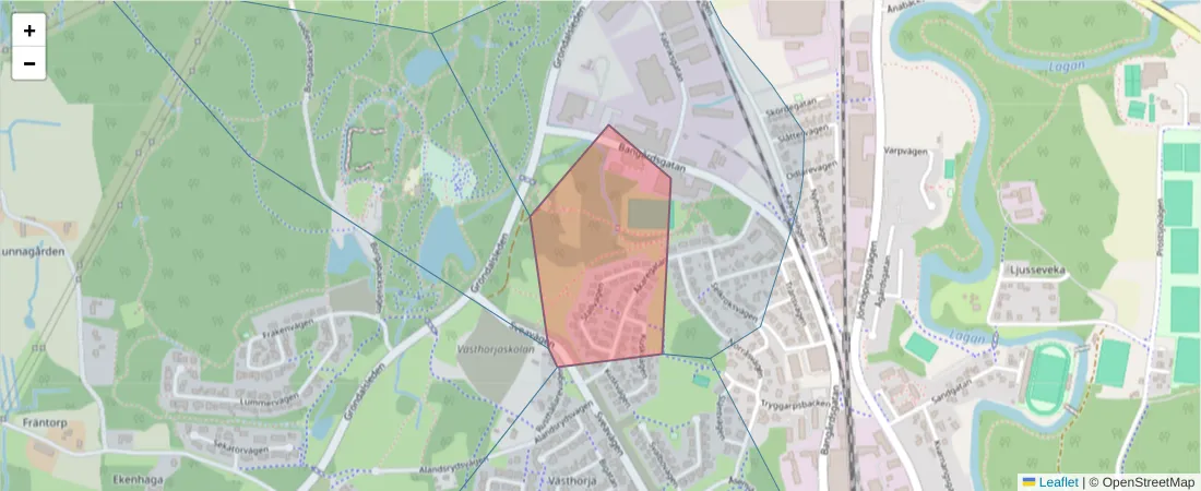 Karta över postnummerområdet  och angränsande postnummer i Sverige