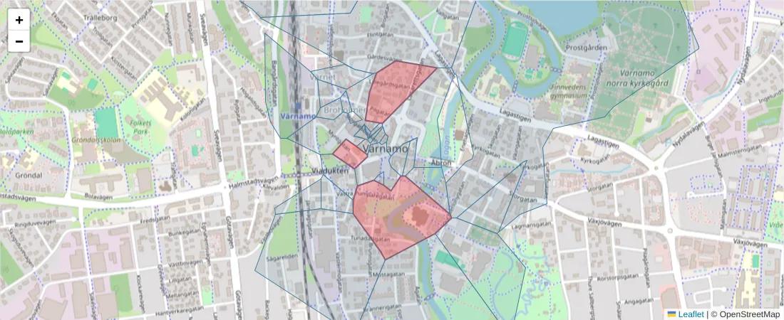 Karta över postnummerområdet  och angränsande postnummer i Sverige
