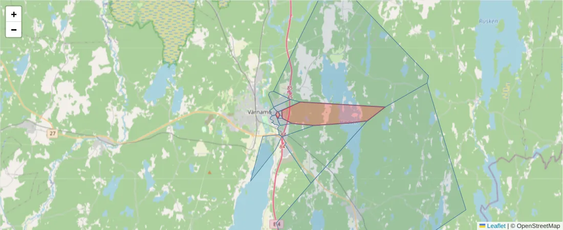 Karta över postnummerområdet  och angränsande postnummer i Sverige