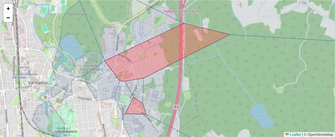 Karta över postnummerområdet  och angränsande postnummer i Sverige