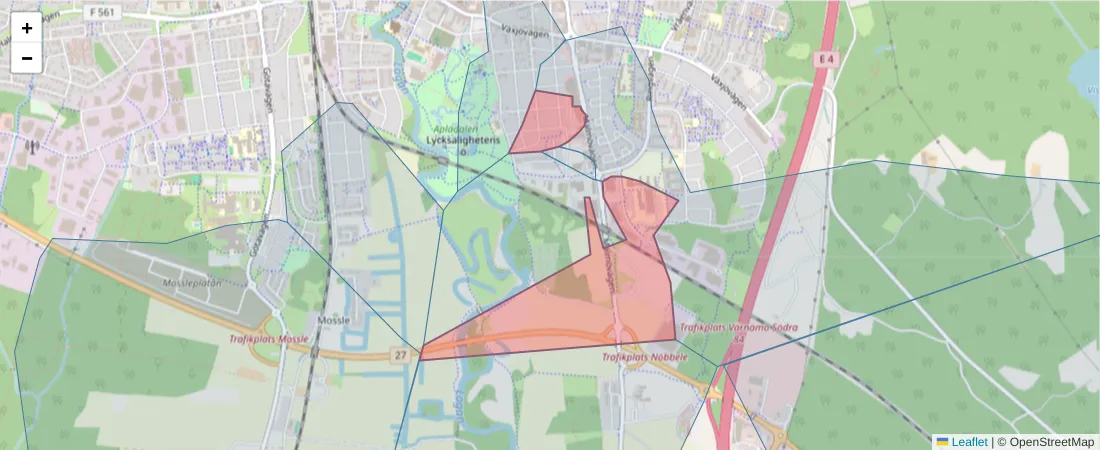 Karta över postnummerområdet  och angränsande postnummer i Sverige