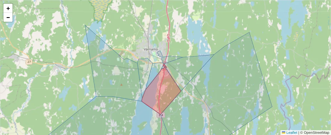 Karta över postnummerområdet  och angränsande postnummer i Sverige