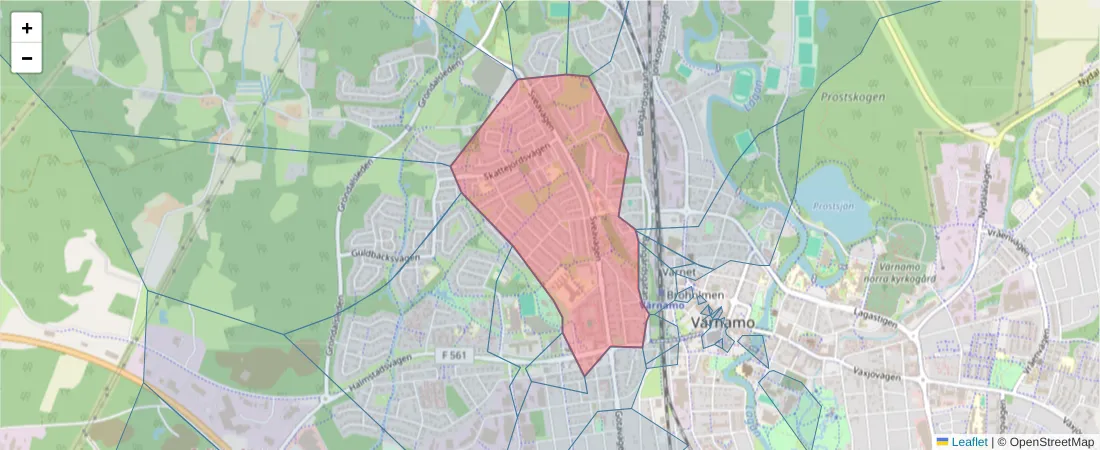 Karta över postnummerområdet  och angränsande postnummer i Sverige