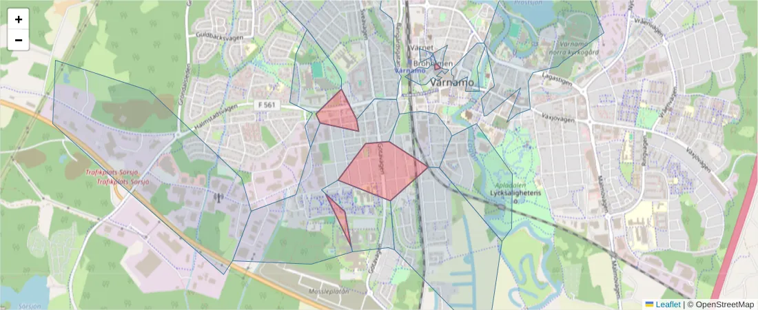 Karta över postnummerområdet  och angränsande postnummer i Sverige