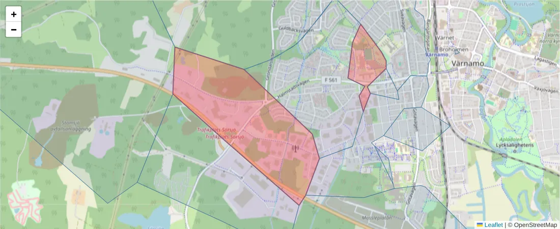 Karta över postnummerområdet  och angränsande postnummer i Sverige