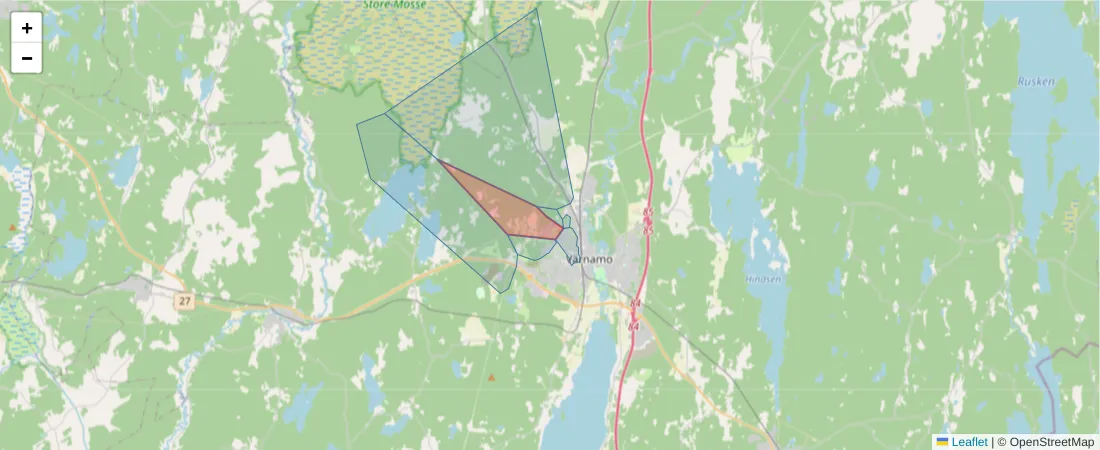 Karta över postnummerområdet  och angränsande postnummer i Sverige