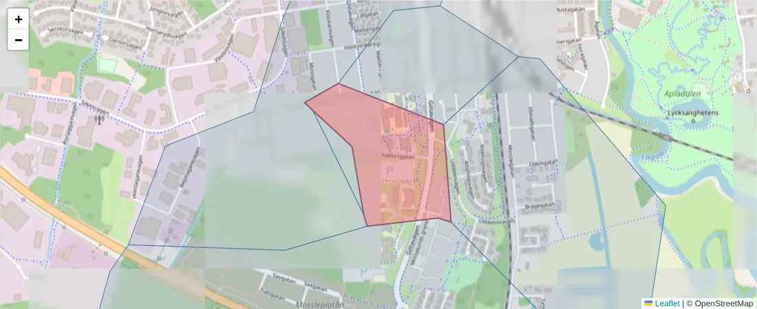 Karta över postnummerområdet  och angränsande postnummer i Sverige