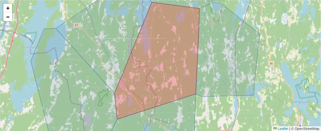 Karta över postnummerområdet  och angränsande postnummer i Sverige