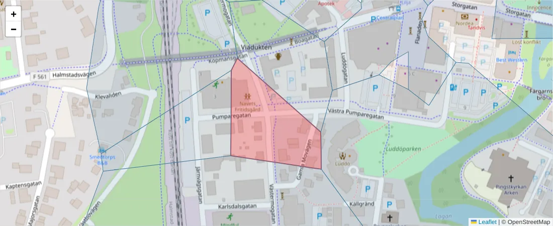 Karta över postnummerområdet  och angränsande postnummer i Sverige