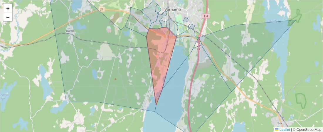 Karta över postnummerområdet  och angränsande postnummer i Sverige