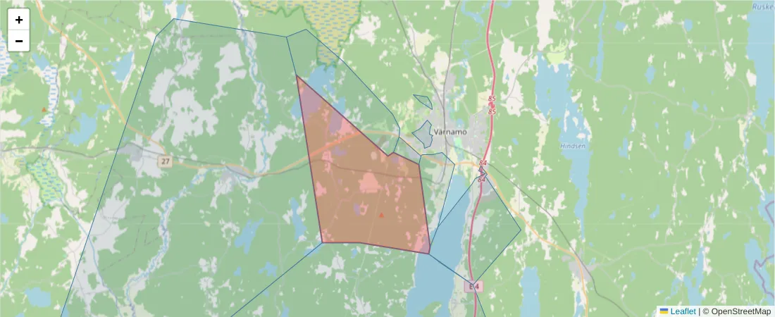 Karta över postnummerområdet  och angränsande postnummer i Sverige