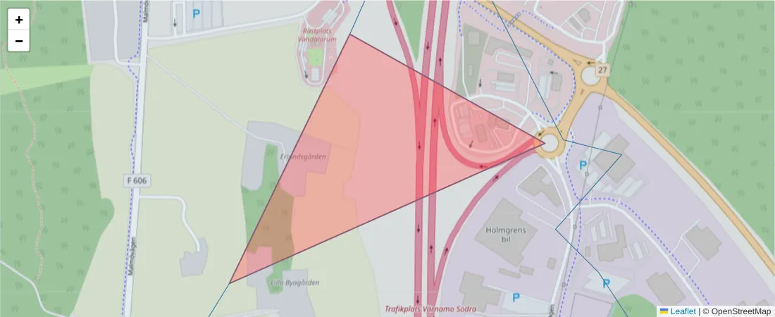 Karta över postnummerområdet  och angränsande postnummer i Sverige