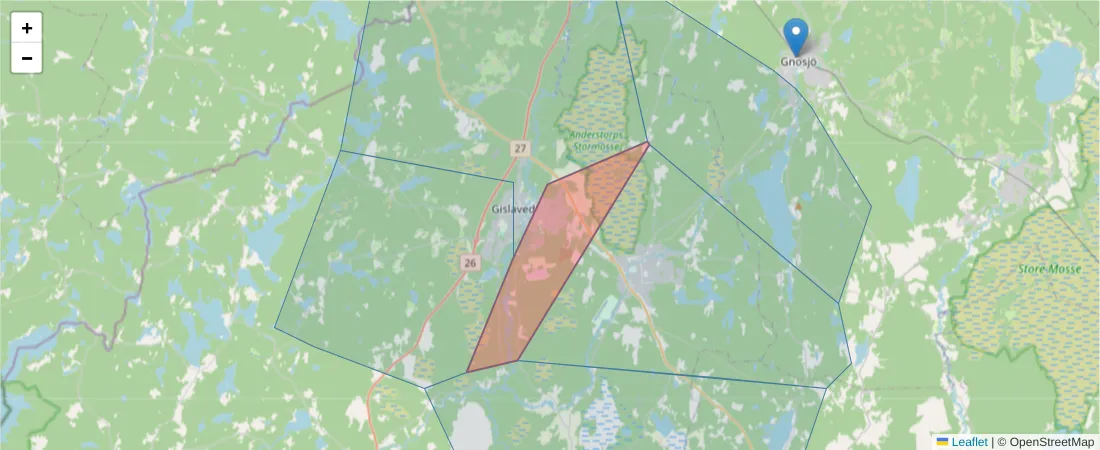 Karta över postnummerområdet  och angränsande postnummer i Sverige