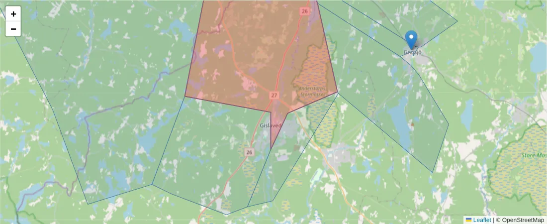 Karta över postnummerområdet  och angränsande postnummer i Sverige