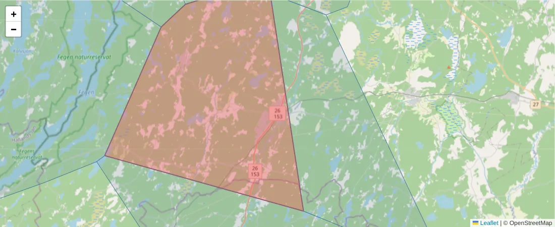 Karta över postnummerområdet  och angränsande postnummer i Sverige