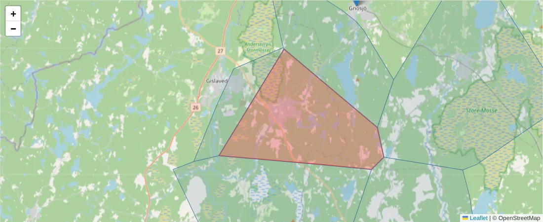Karta över postnummerområdet  och angränsande postnummer i Sverige