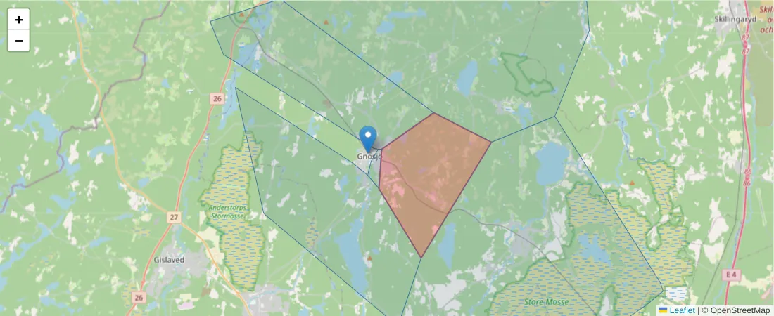 Karta över postnummerområdet  och angränsande postnummer i Sverige