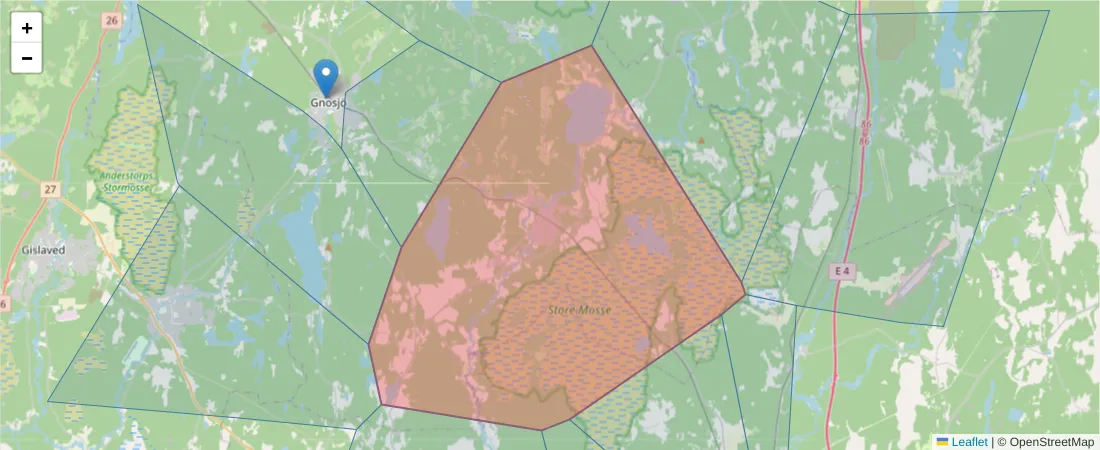 Karta över postnummerområdet  och angränsande postnummer i Sverige