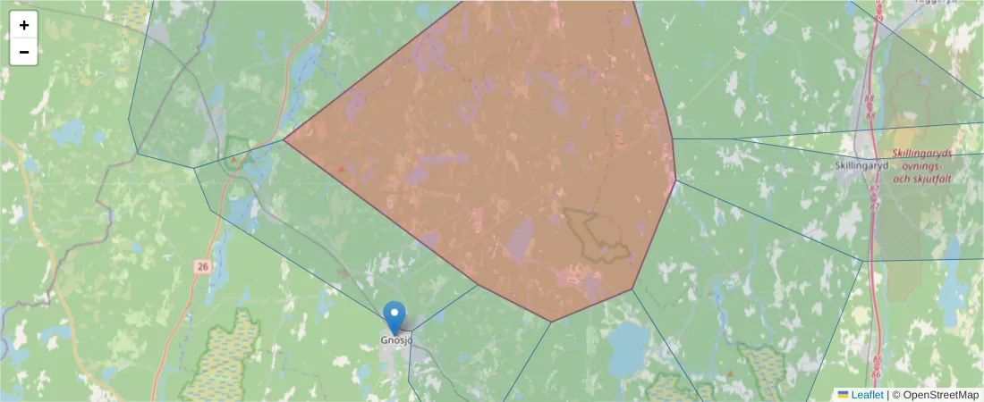 Karta över postnummerområdet  och angränsande postnummer i Sverige