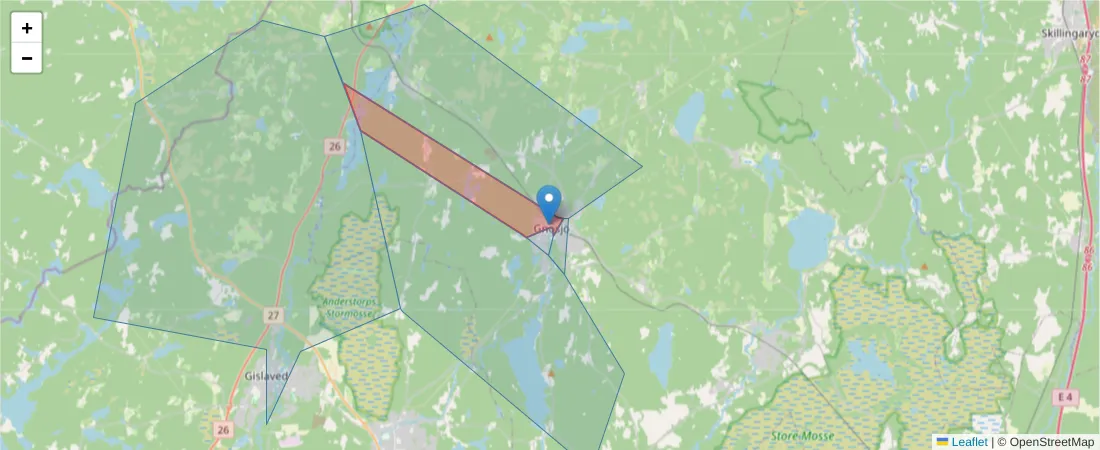 Karta över postnummerområdet  och angränsande postnummer i Sverige