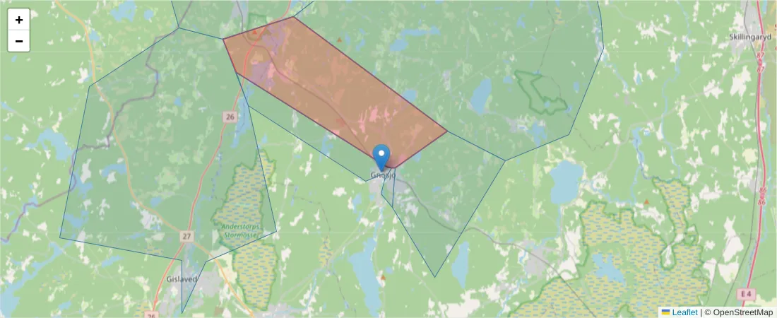 Karta över postnummerområdet  och angränsande postnummer i Sverige