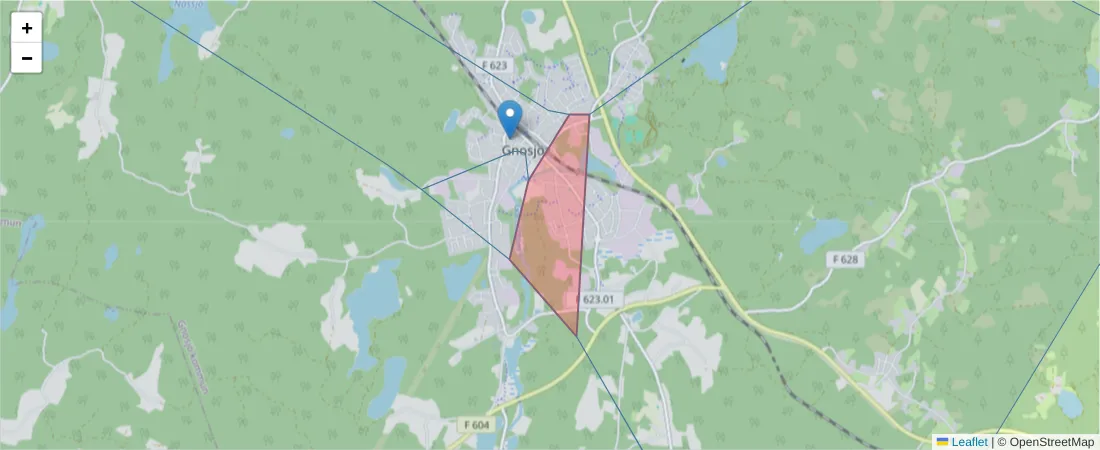 Karta över postnummerområdet  och angränsande postnummer i Sverige
