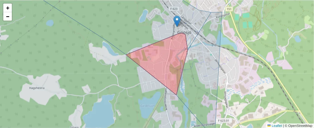 Karta över postnummerområdet  och angränsande postnummer i Sverige