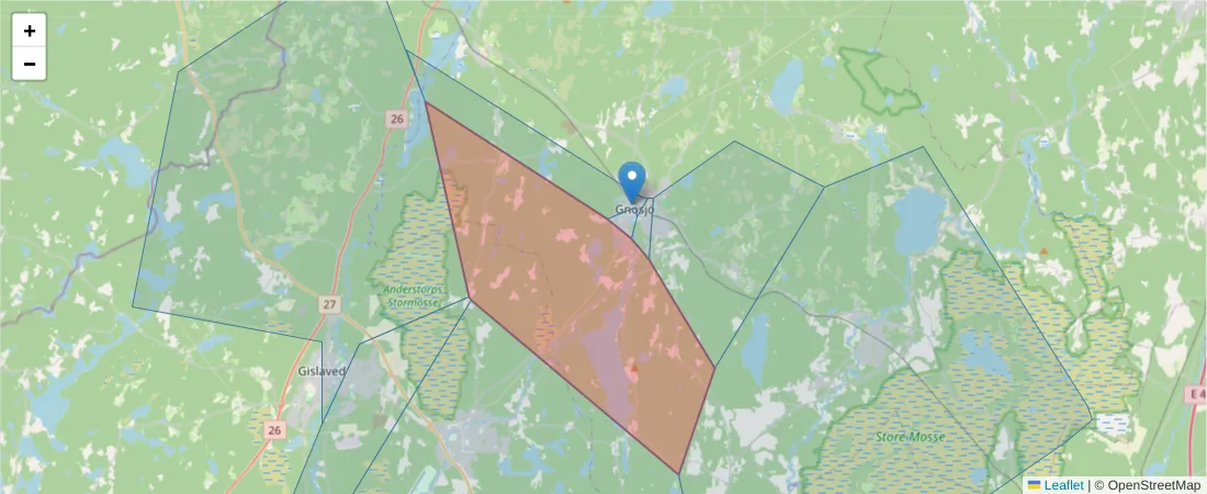 Karta över postnummerområdet  och angränsande postnummer i Sverige