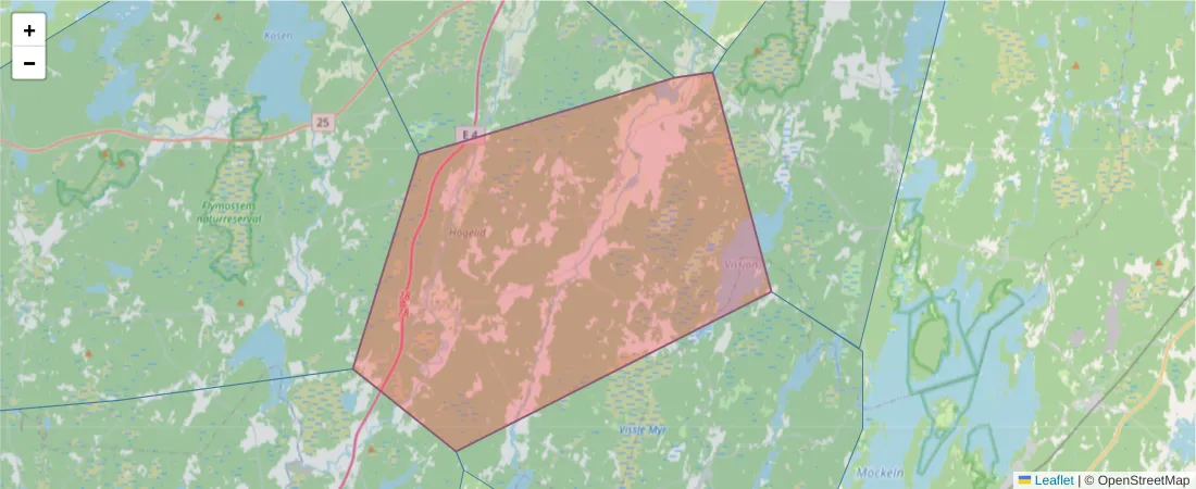 Karta över postnummerområdet  och angränsande postnummer i Sverige