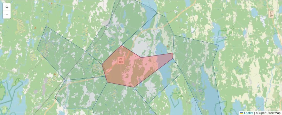 Karta över postnummerområdet  och angränsande postnummer i Sverige